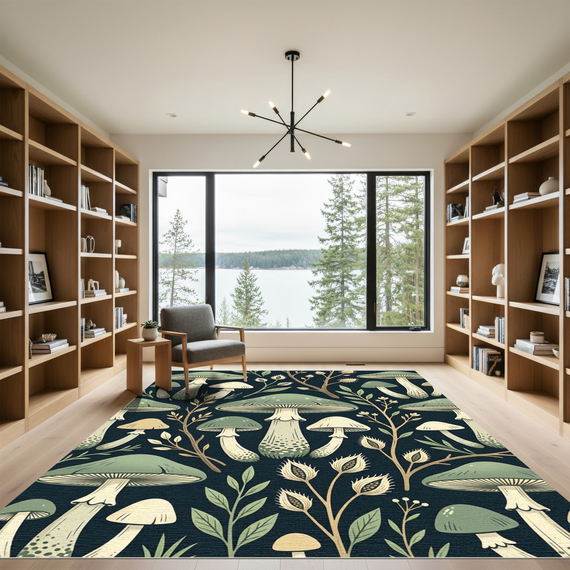Sage Mushroom and Botanical Forest Illustration Rug