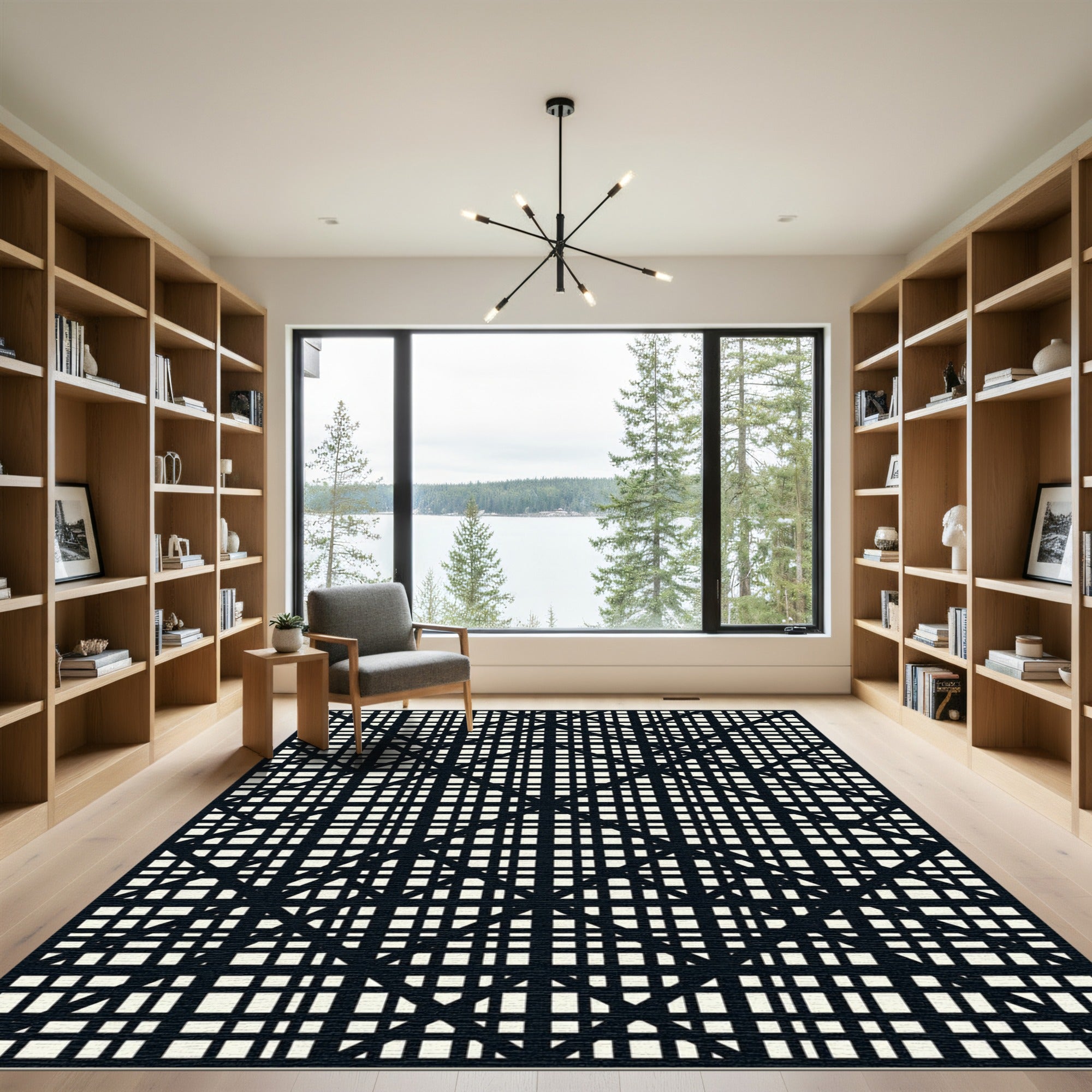 Minimalist Black and Cream Grid Lattice Rug