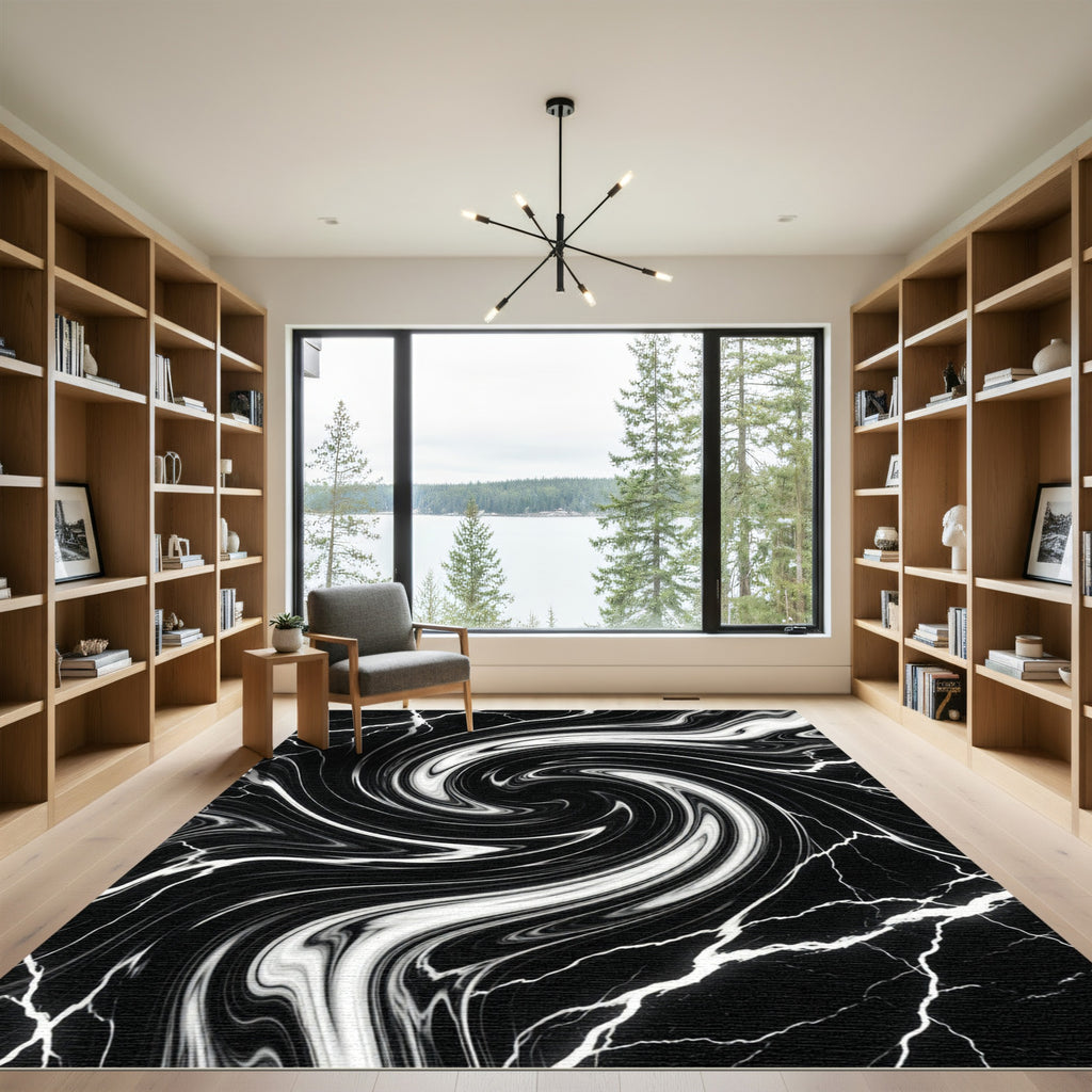 Black White Marble Swirl Vortex Rug