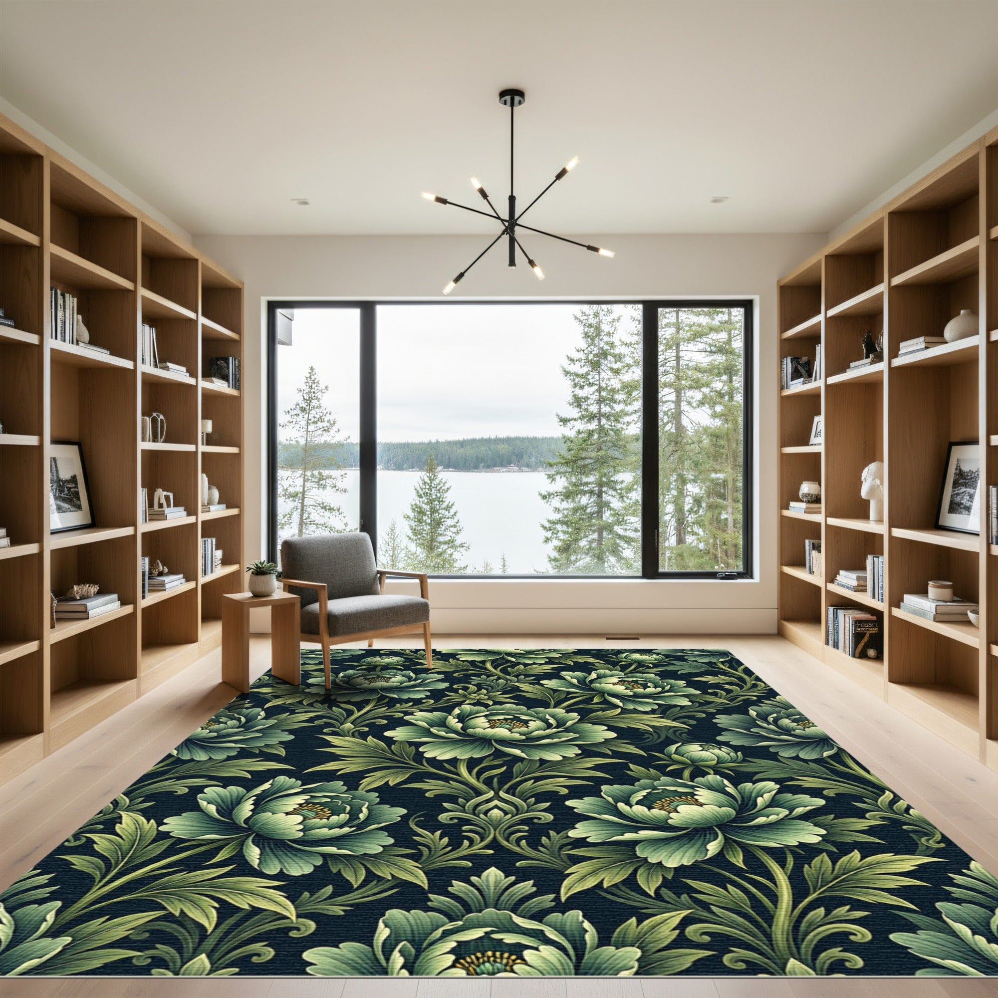 Dark Emerald Peony Botanical Damask Rug