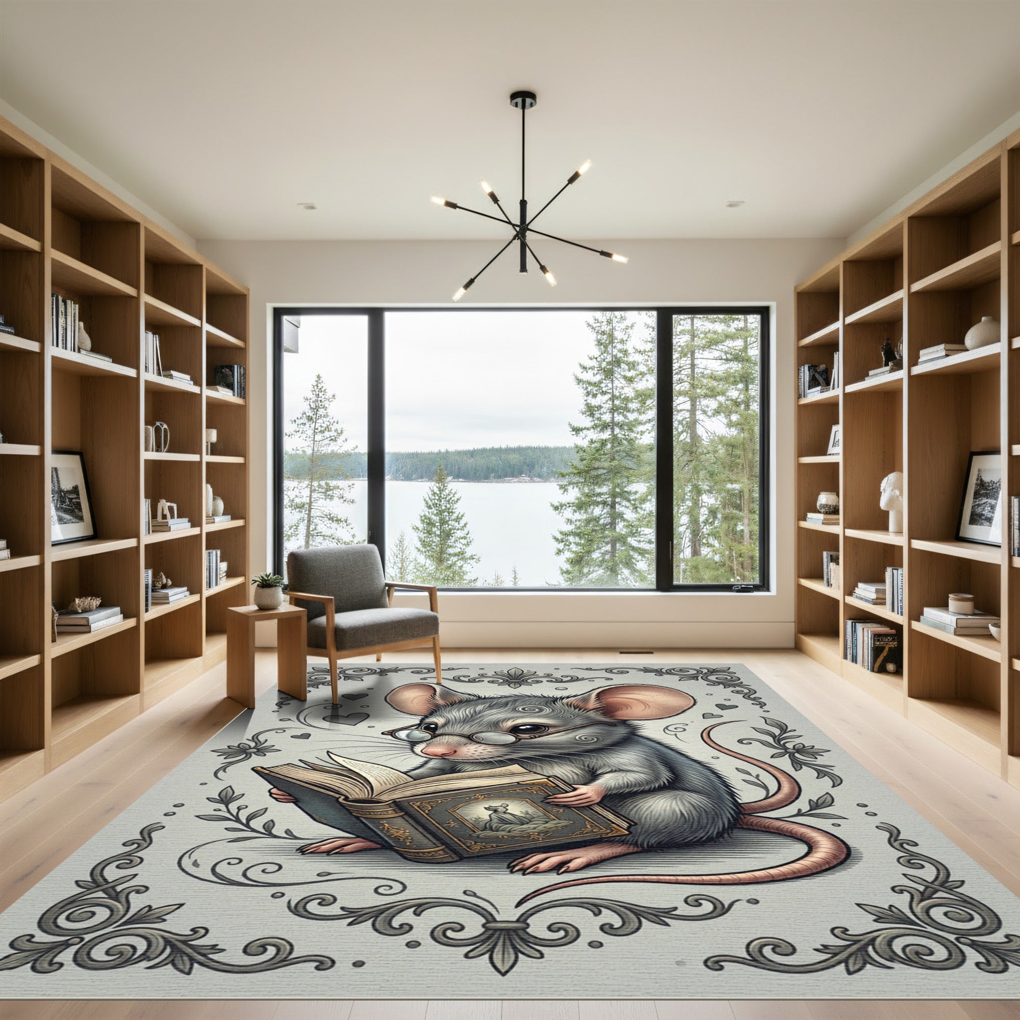 Whimsical Gray Mouse Reading Scholar Illustration Rug