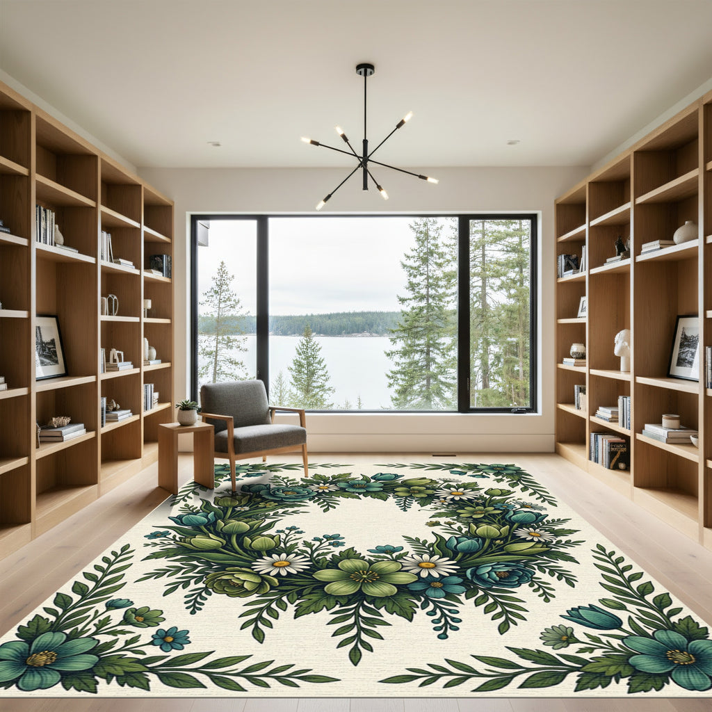 Botanical Blue and Green Floral Wreath Rug