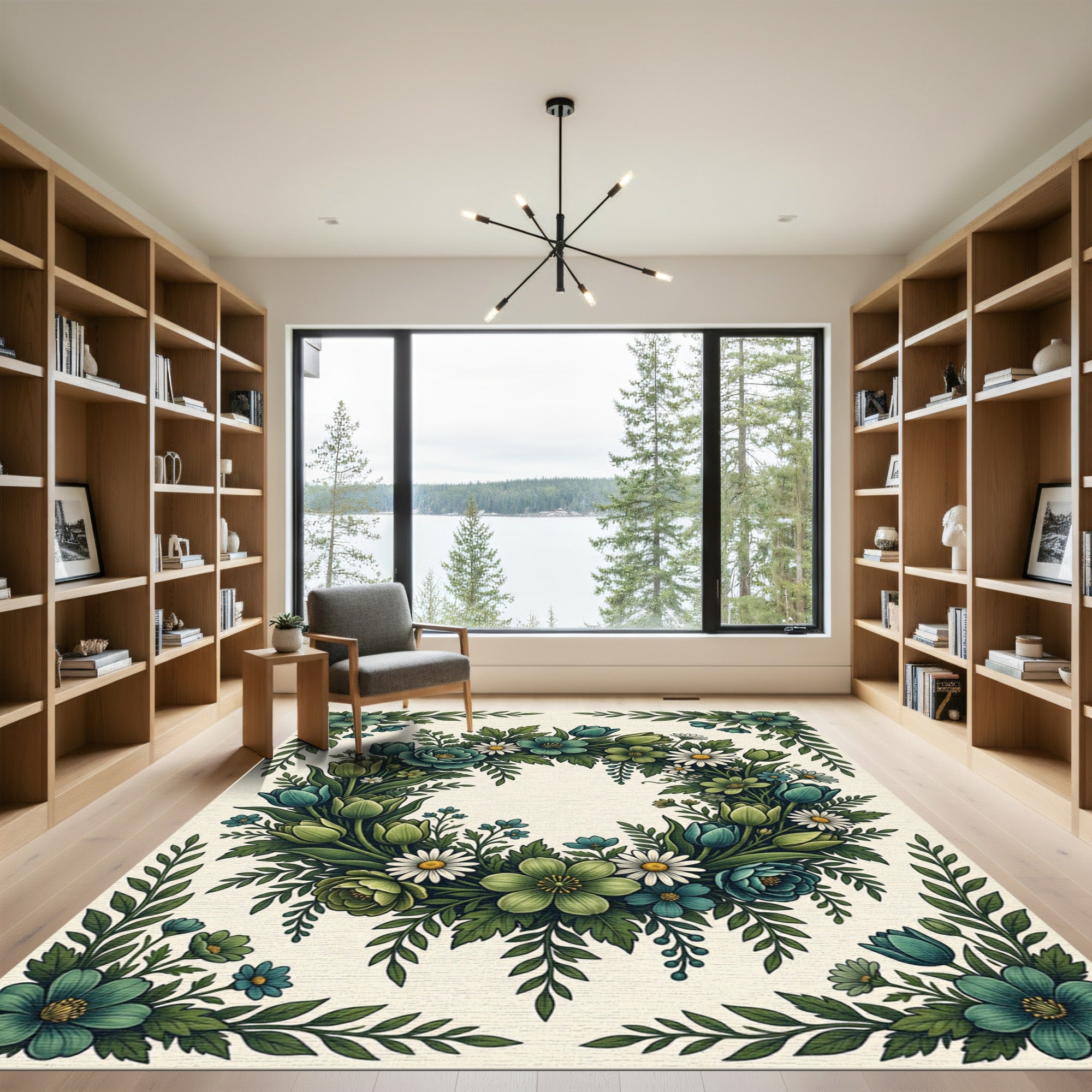 Botanical Blue and Green Floral Wreath Rug
