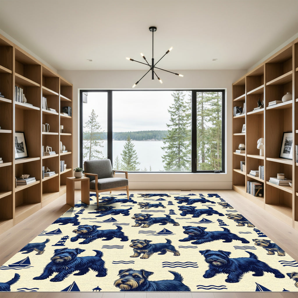 Nautical Navy Terrier Lighthouse Sailboat Illustration Rug