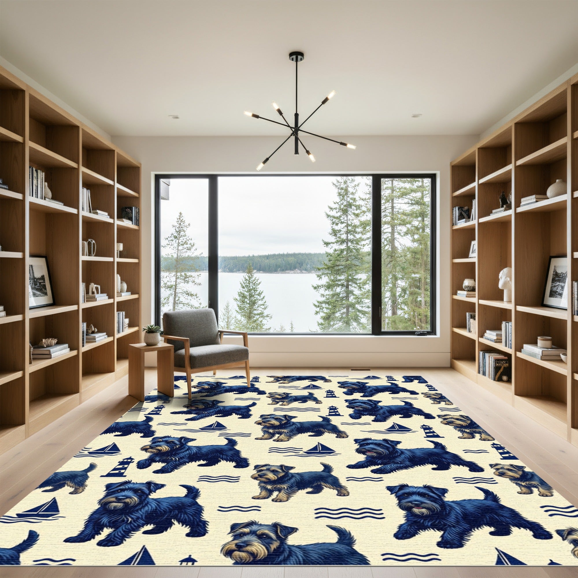 Nautical Navy Terrier Lighthouse Sailboat Illustration Rug