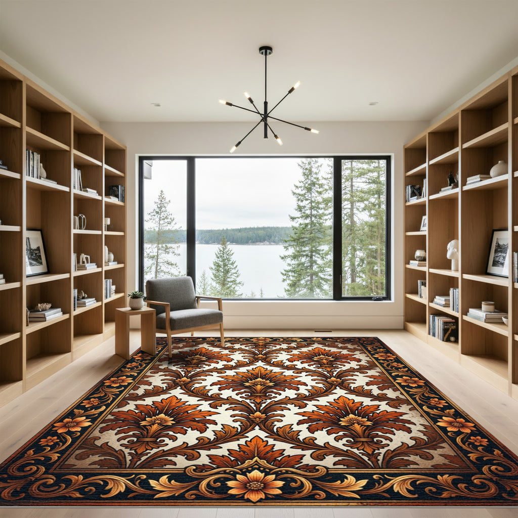 Ornate Russet Damask Acanthus Scroll Rug