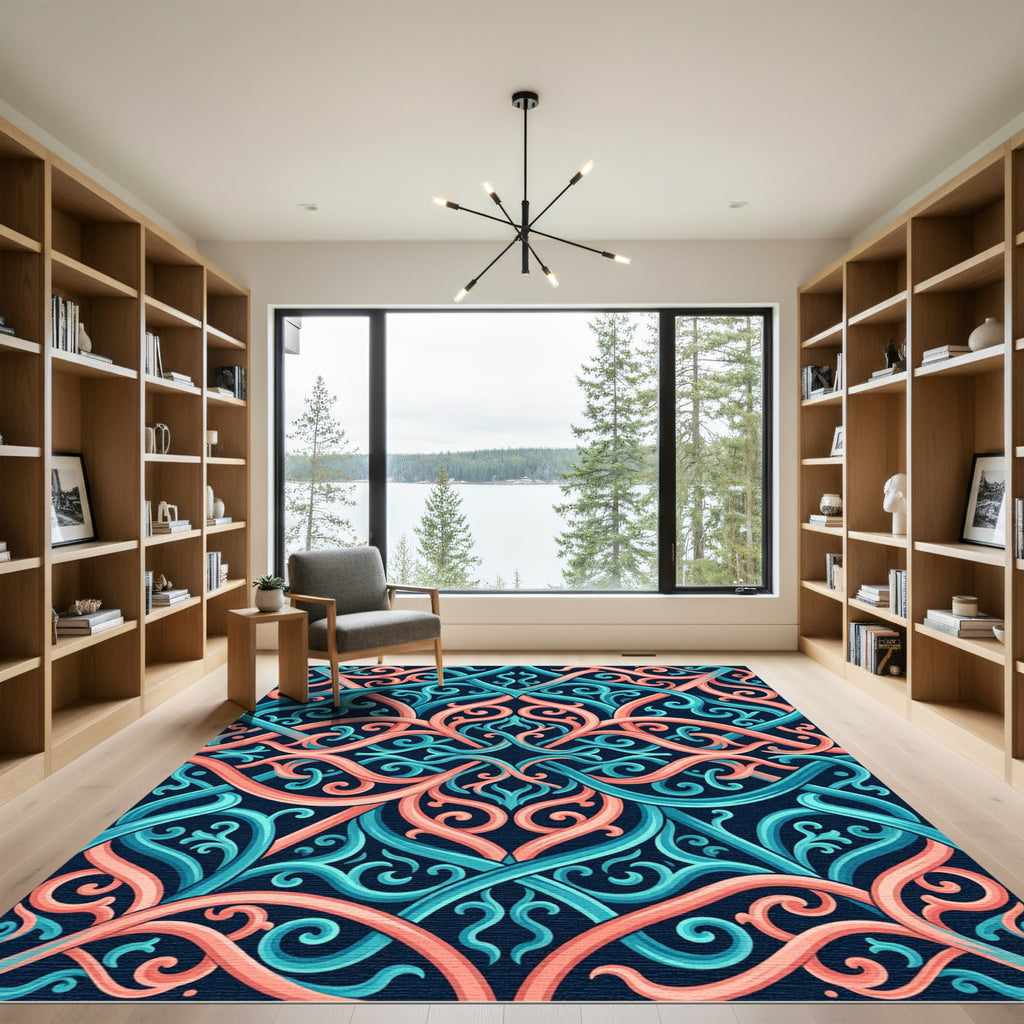 Intertwined Coral and Teal Scrollwork Rug
