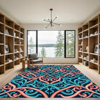 Intertwined Coral and Teal Scrollwork Rug