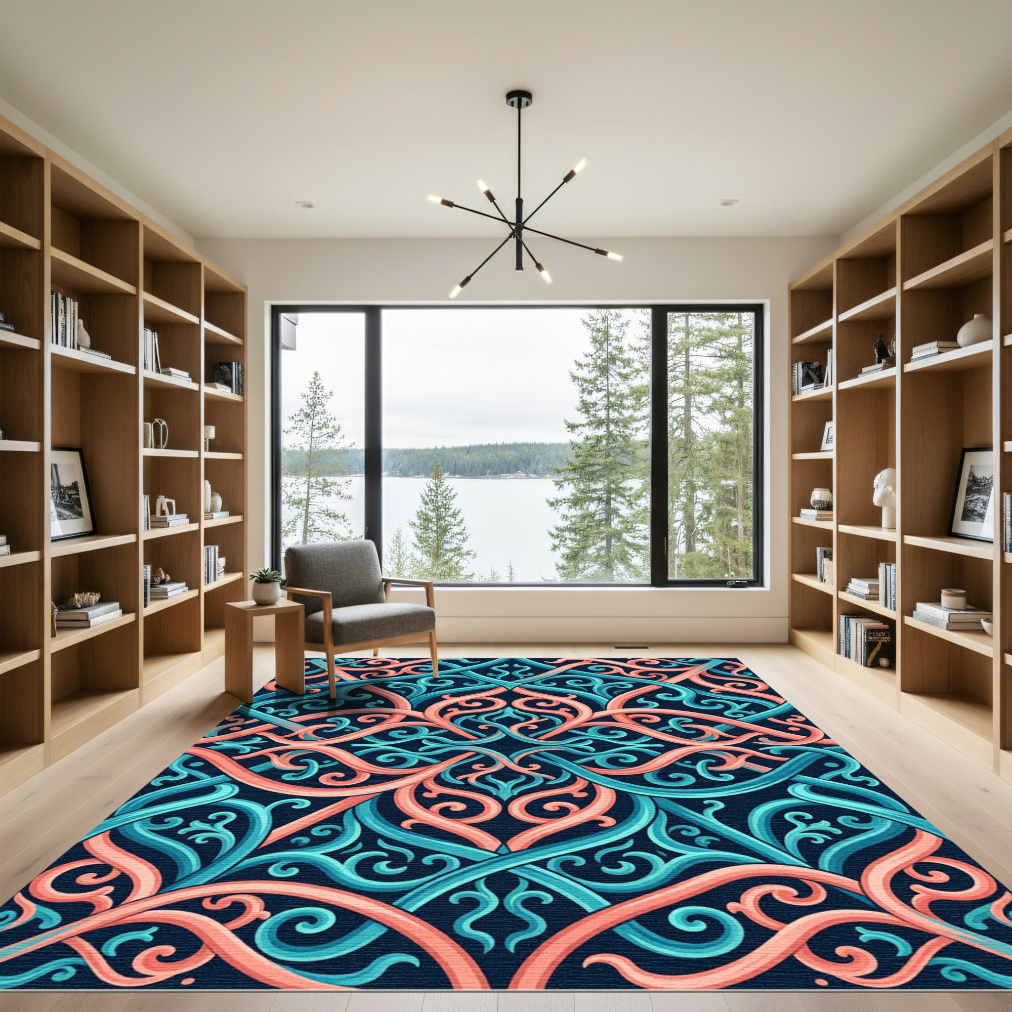 Intertwined Coral and Teal Scrollwork Rug