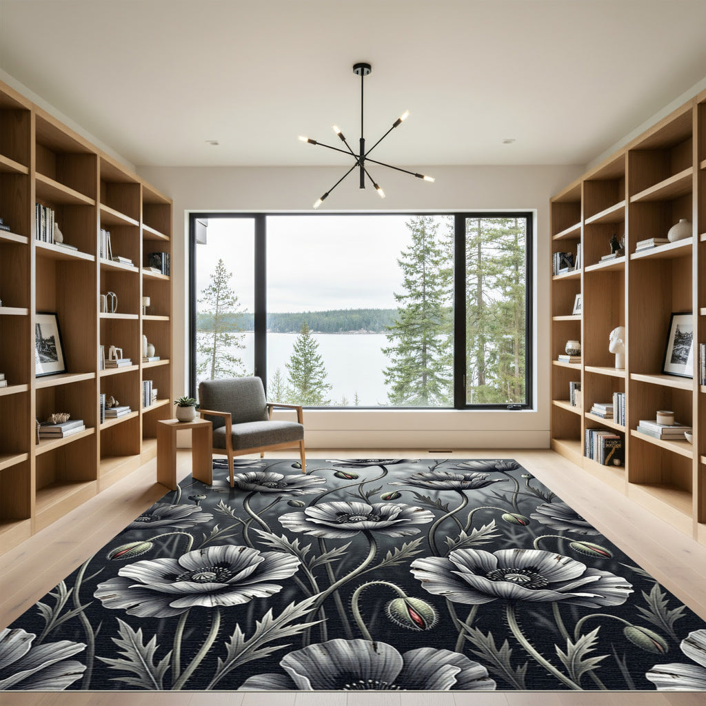 Monochromatic Floral Poppy Botanical Art Rug