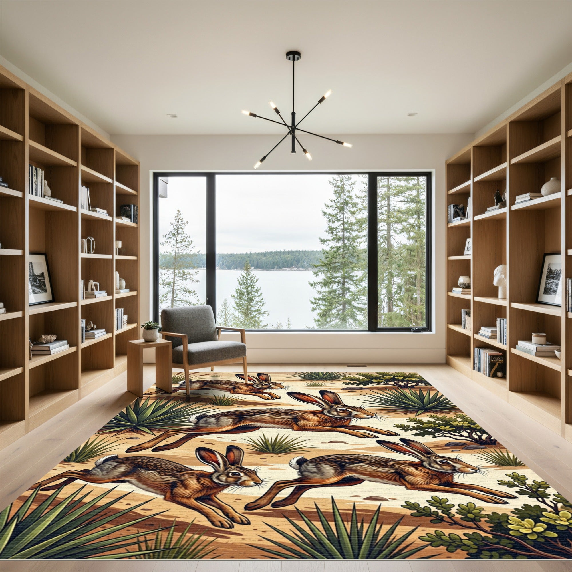 Desert Jackrabbit Earthy Tone Foliage Art Rug