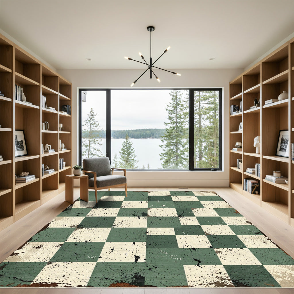 Distressed Sage Checkered Grid Rug
