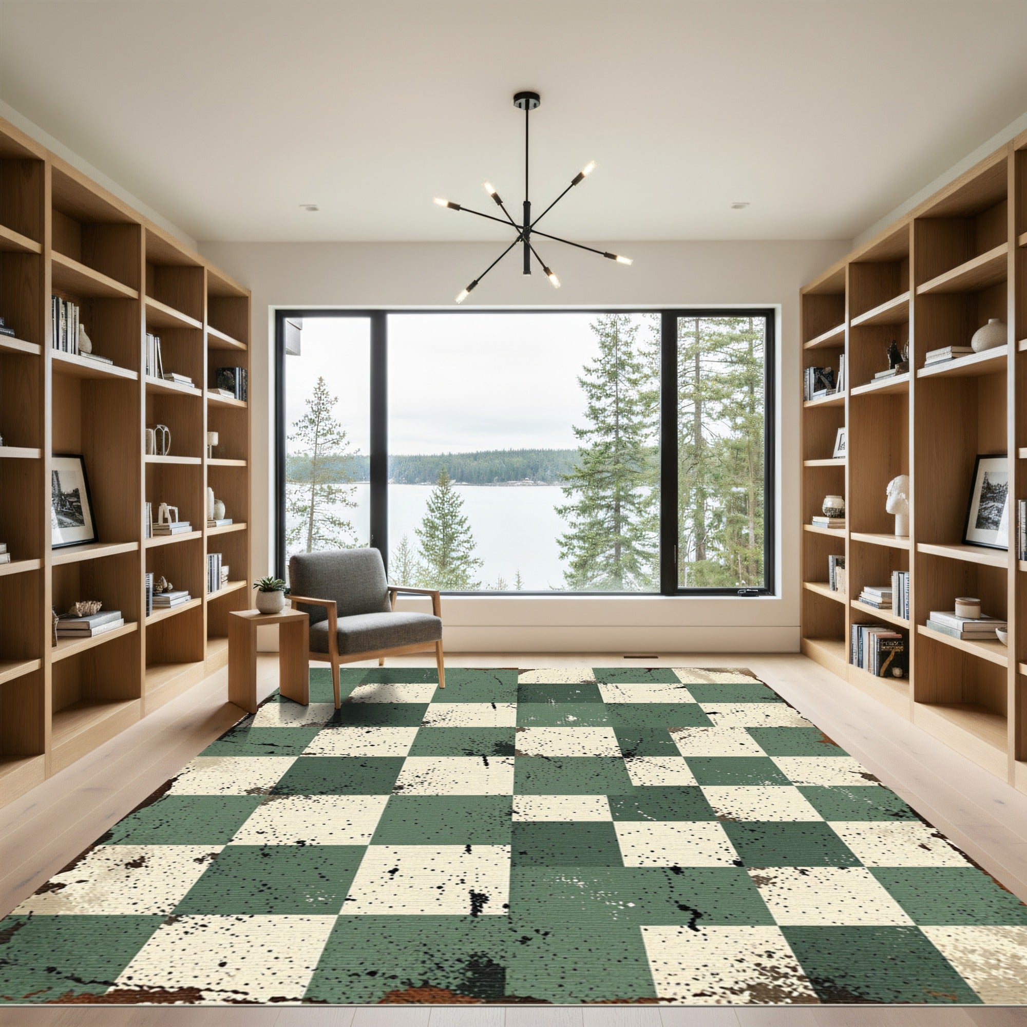 Distressed Sage Checkered Grid Rug