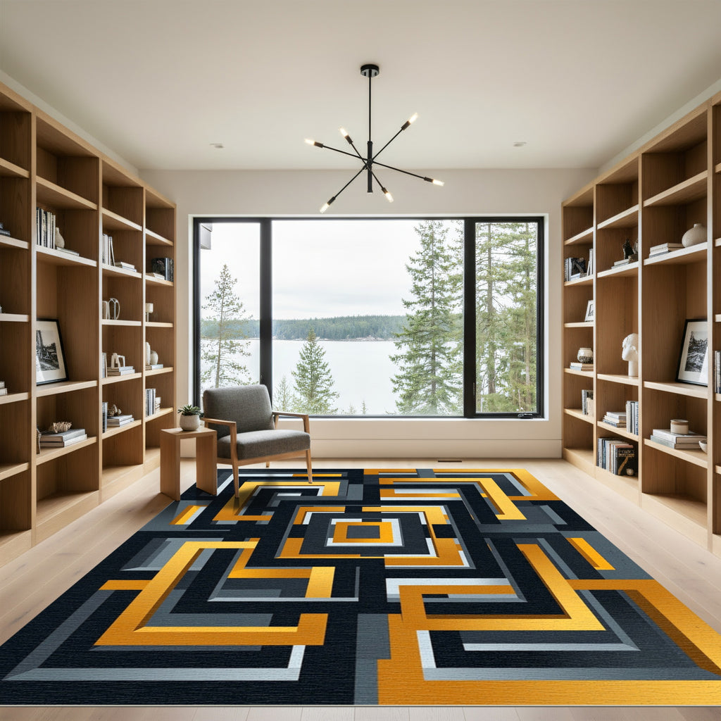 Golden Black Geometric Labyrinth Rug