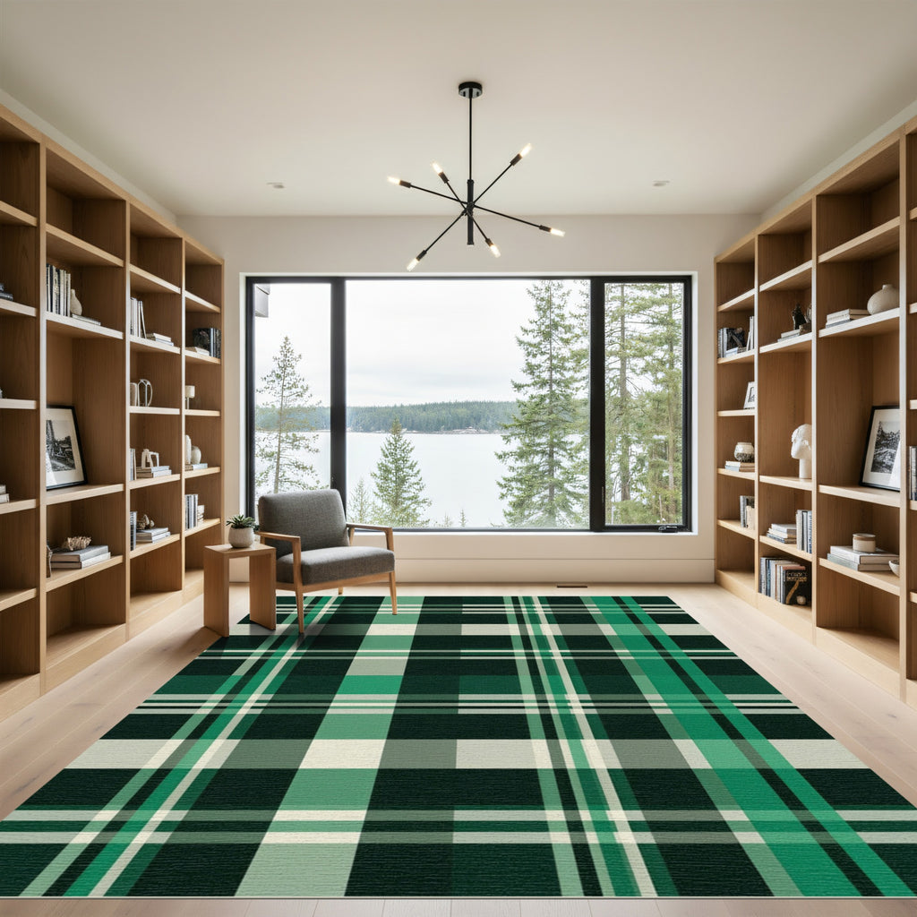 Emerald Forest Green Plaid Grid Rug