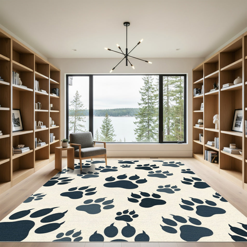 Midnight Charcoal Paw Print Animal Rug