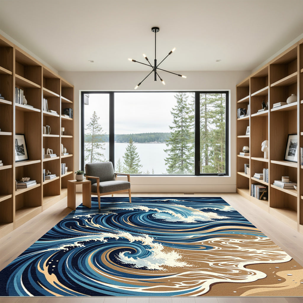 Abstract Navy Swirl Ocean Wave Art Rug