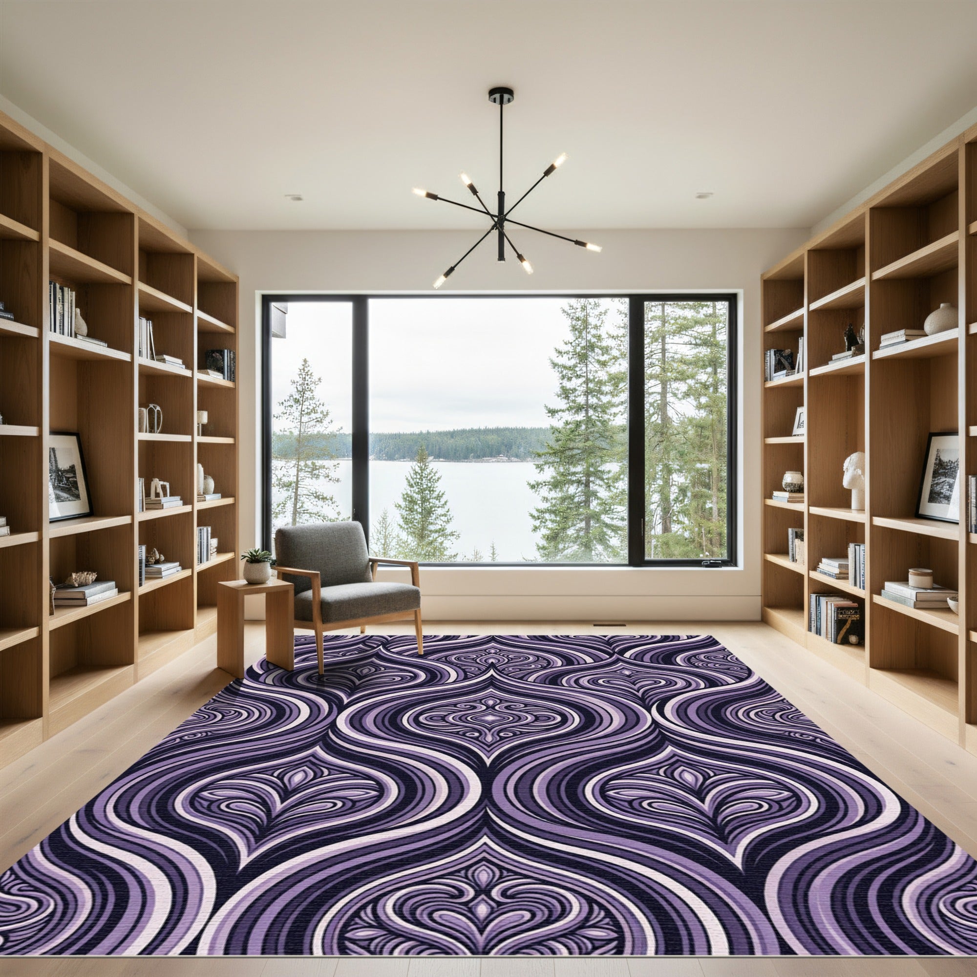 Elegant Amethyst Damask Swirl Waves Rug