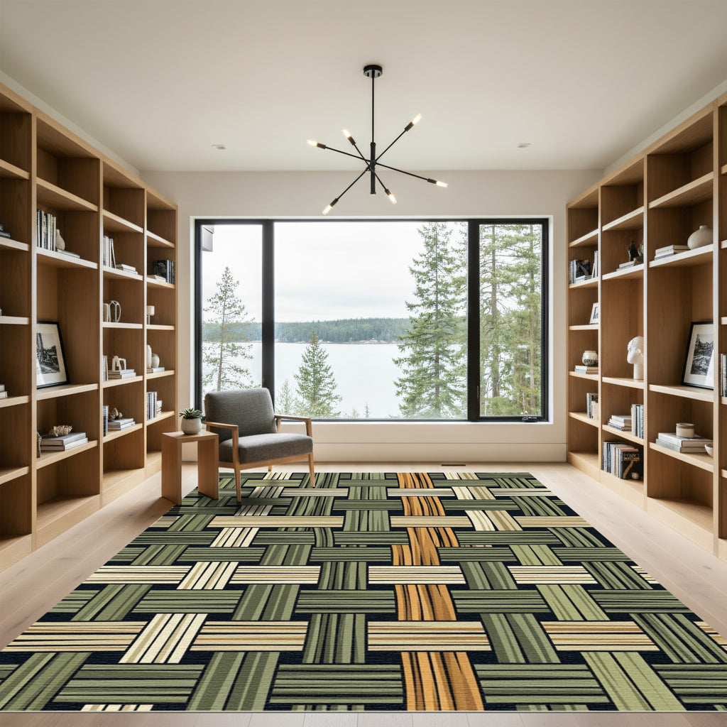 Modern Forest Green Woven Textured Grid Rug