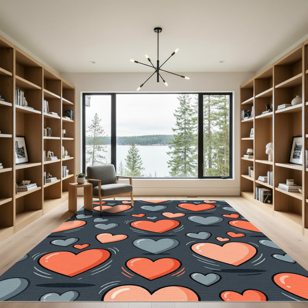 Playful Coral and Slate Heart Art Rug