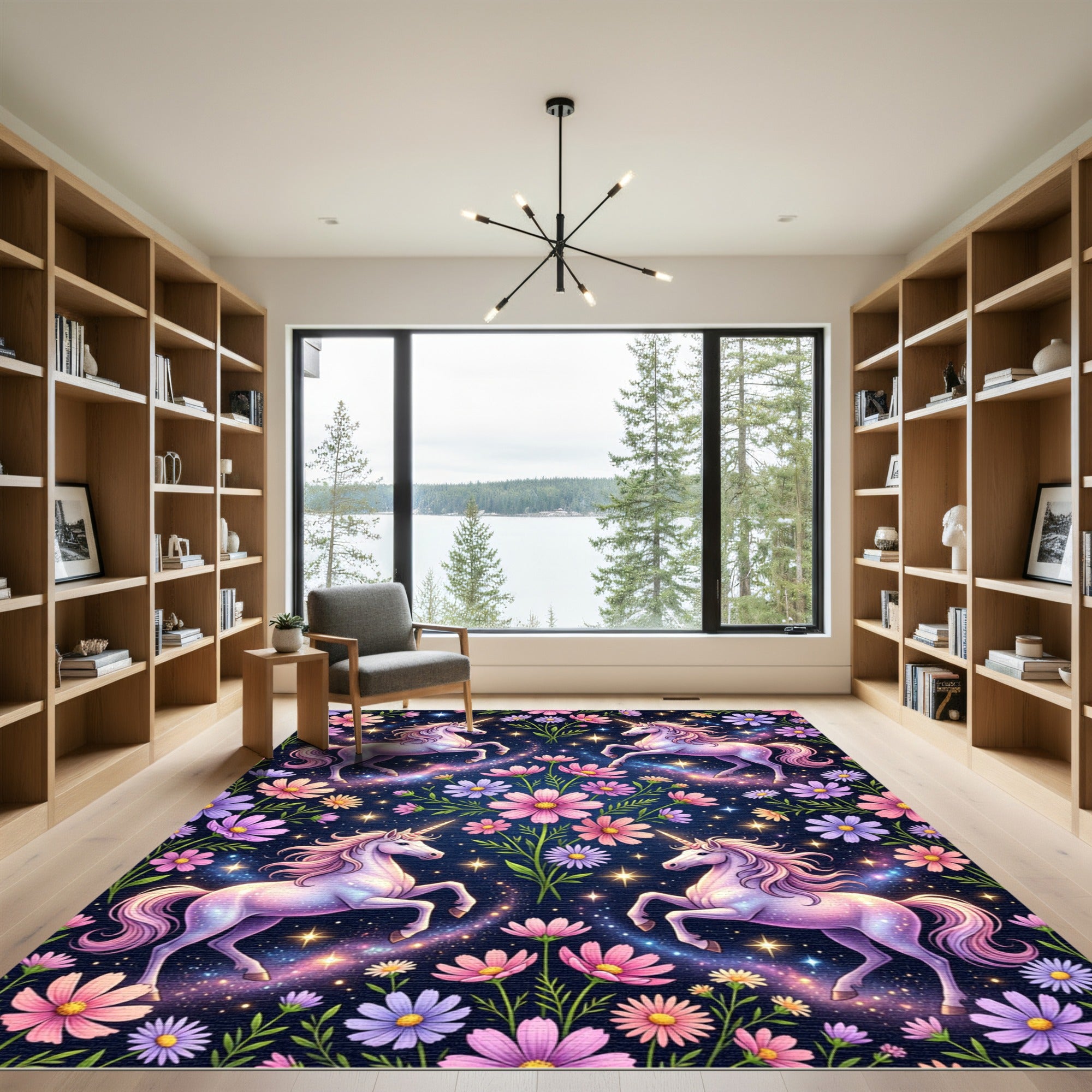 Whimsical Unicorn Floral Cosmos Galaxy Rug