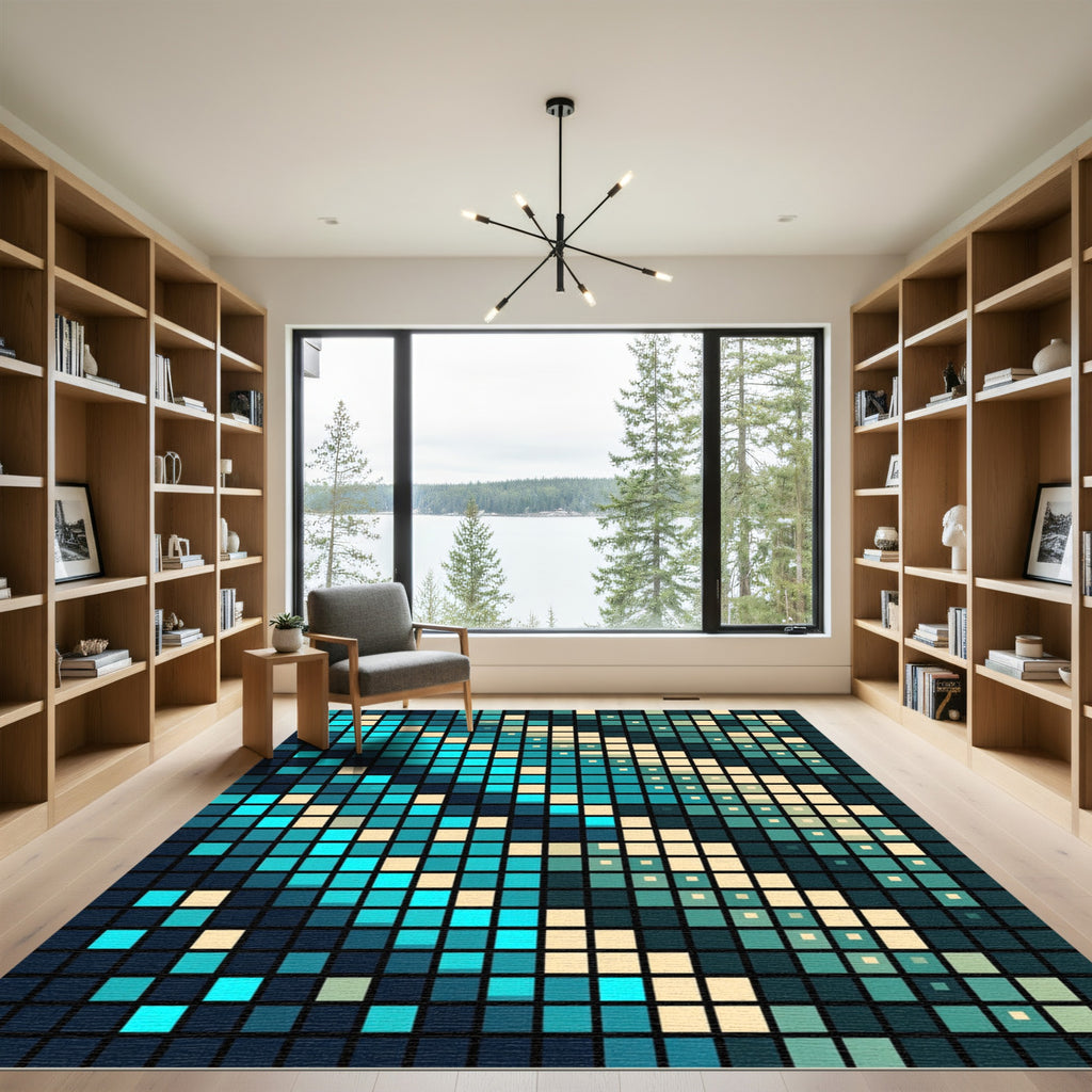 Aqua Emerald Square Mosaic Rug