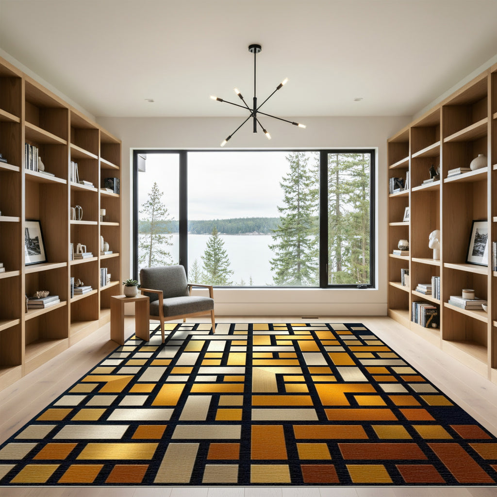 Modern Metallic Gold Silver Geometric Block Rug