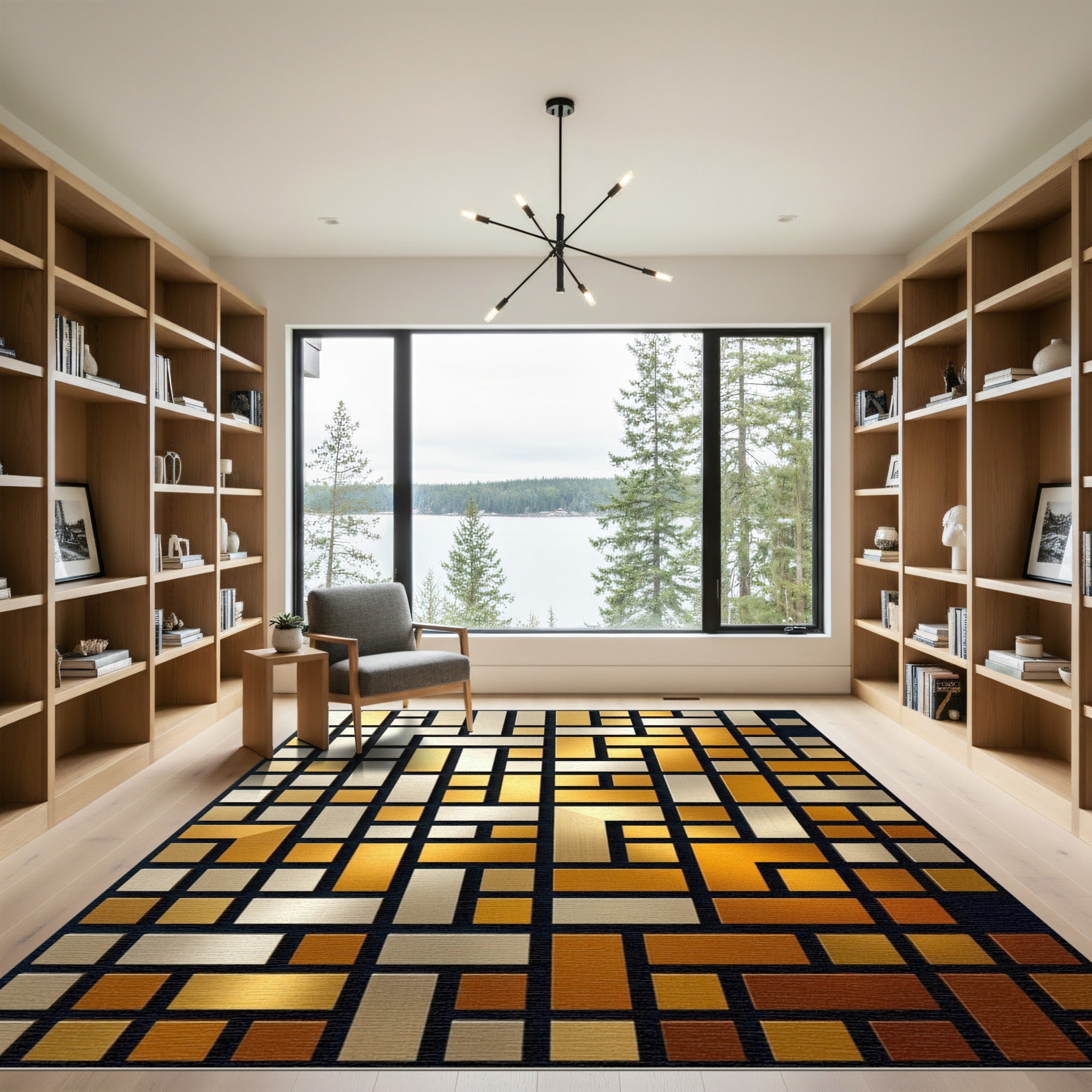 Modern Metallic Gold Silver Geometric Block Rug