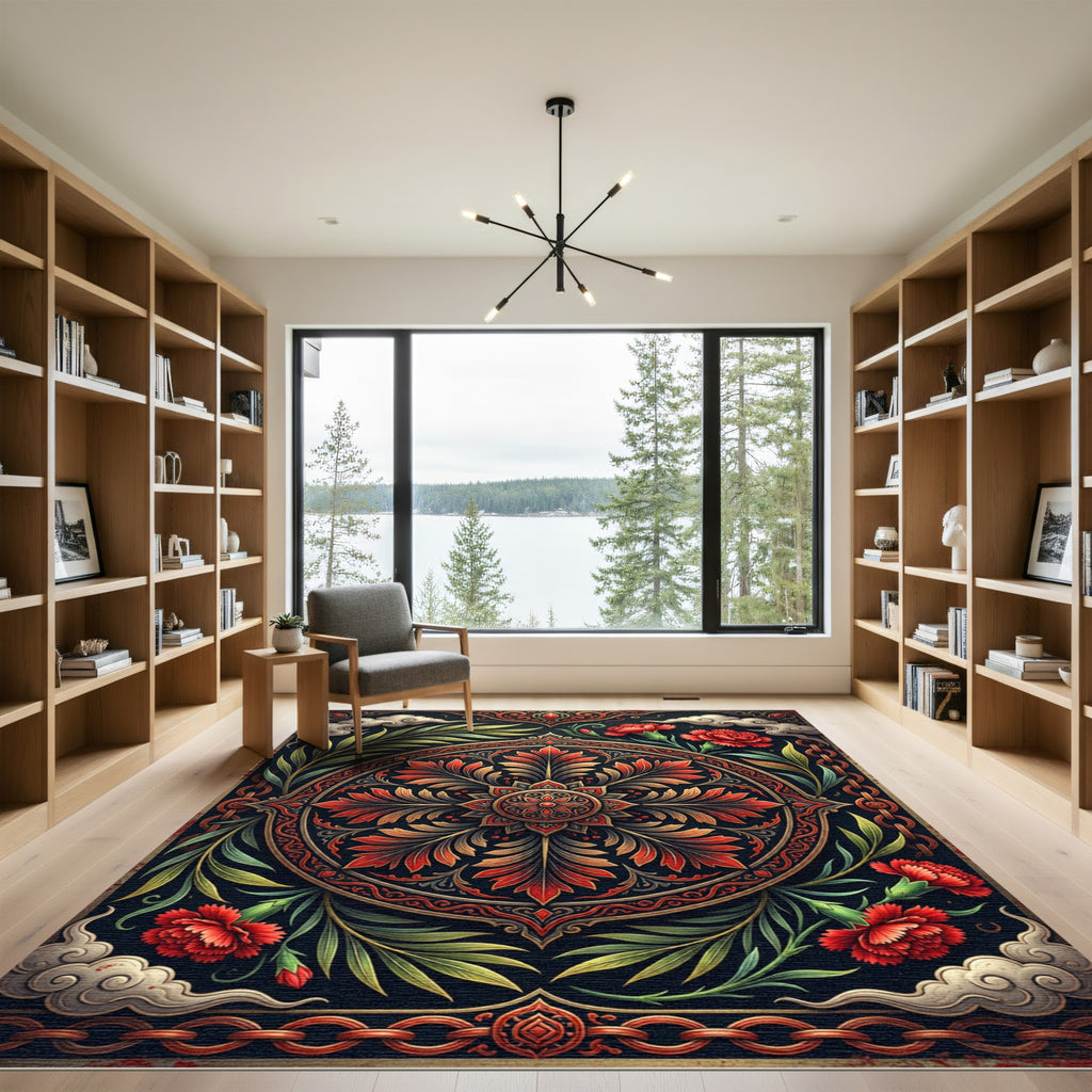 Crimson Floral Ornate Botanical Medallion Rug