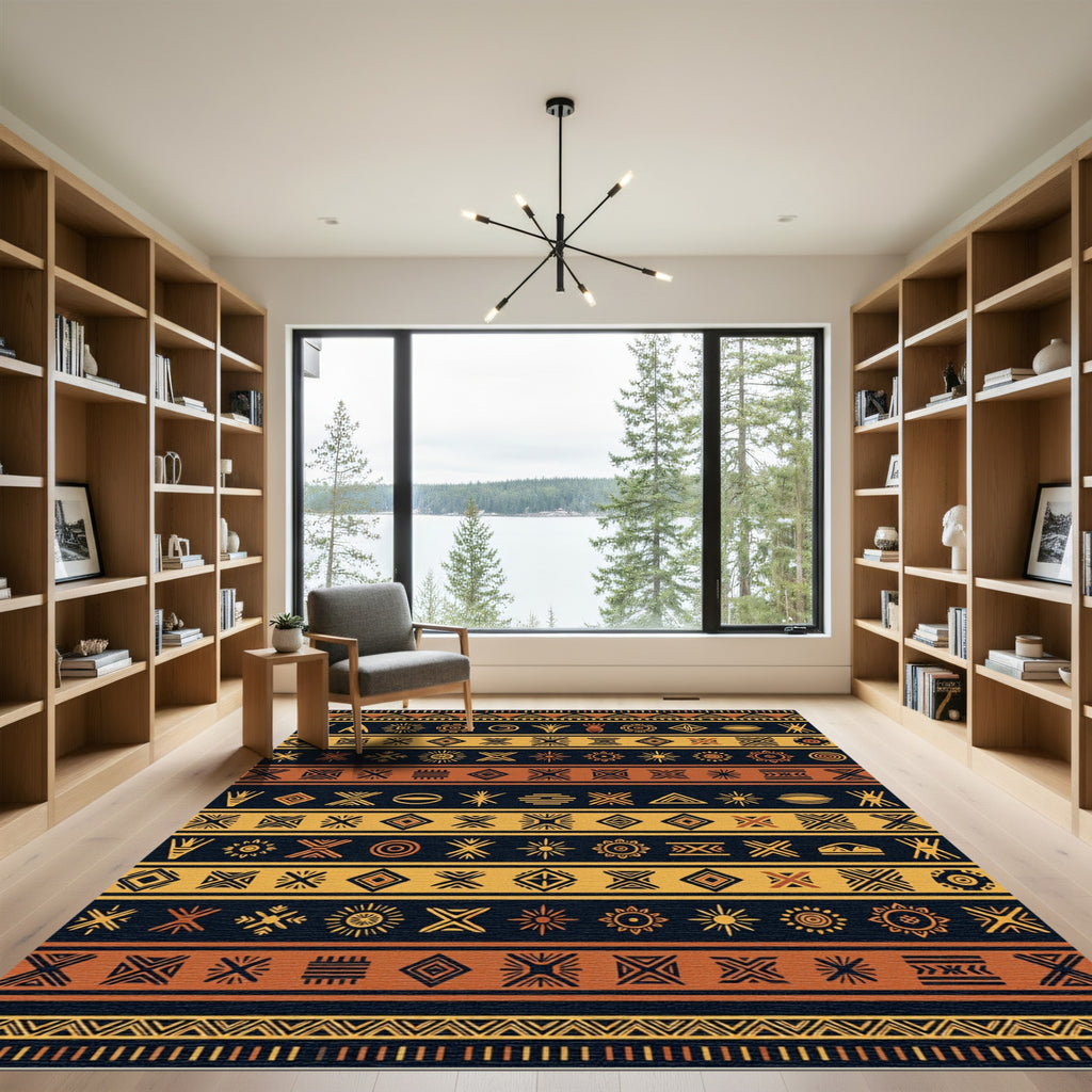 Earthy Ochre Geometric Tribal Stripe Rug