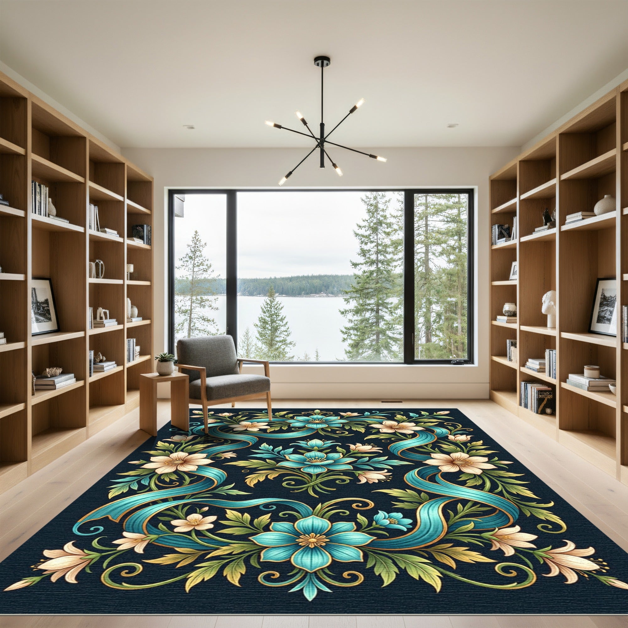 Teal Floral Ribbon Botanical Art Rug