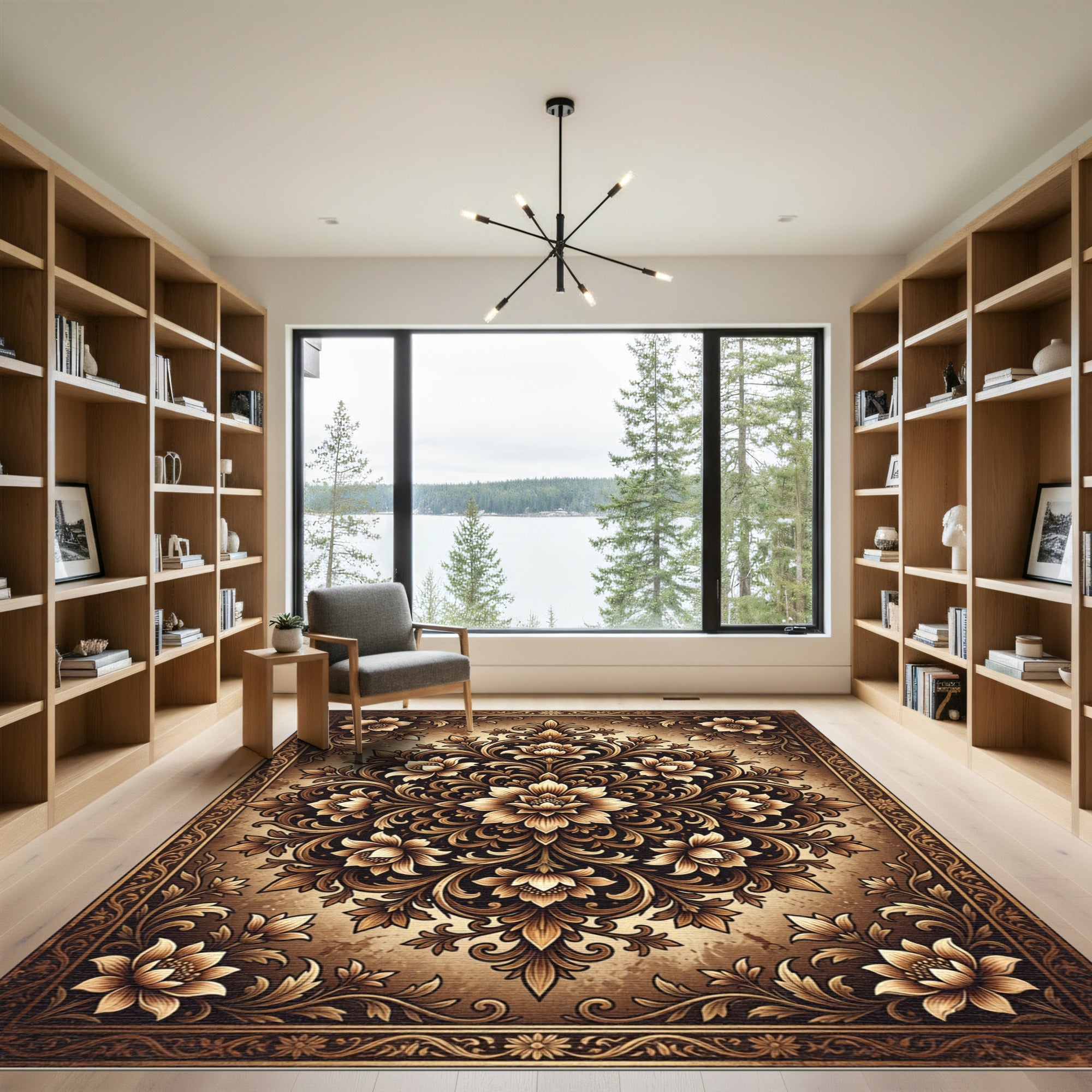 Ornate Golden Floral Damask Medallion Rug