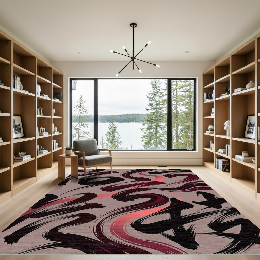 Dark Crimson Abstract Ink Brush Swirl Rug