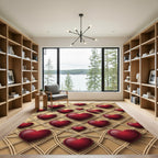 Deep Red Hearts Golden Grid Overlay Rug