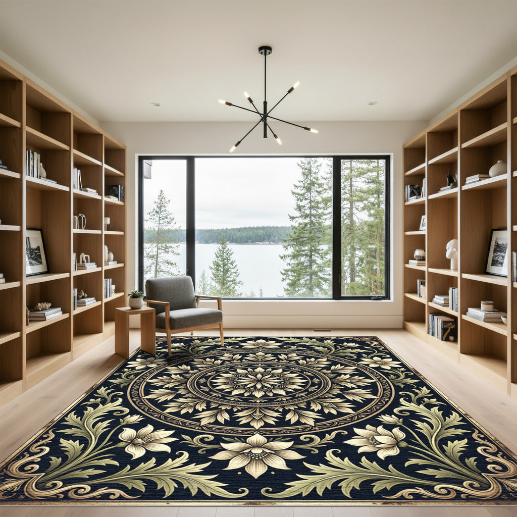 Elegant Beige Floral Medallion Charcoal Art Rug