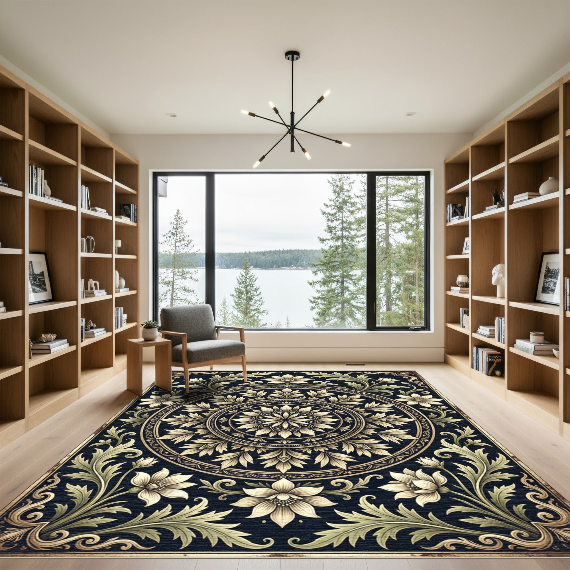 Elegant Beige Floral Medallion Charcoal Art Rug