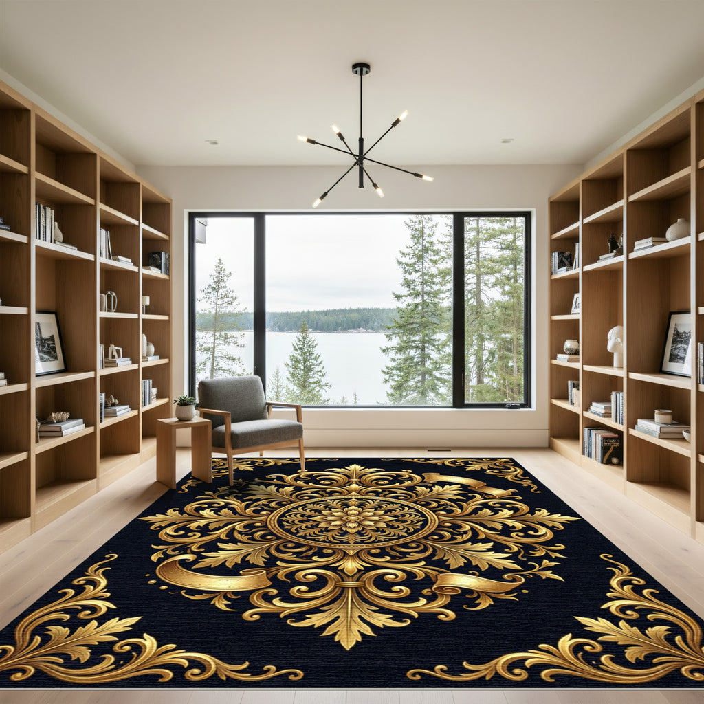 Ornate Gold Baroque Floral Medallion Rug