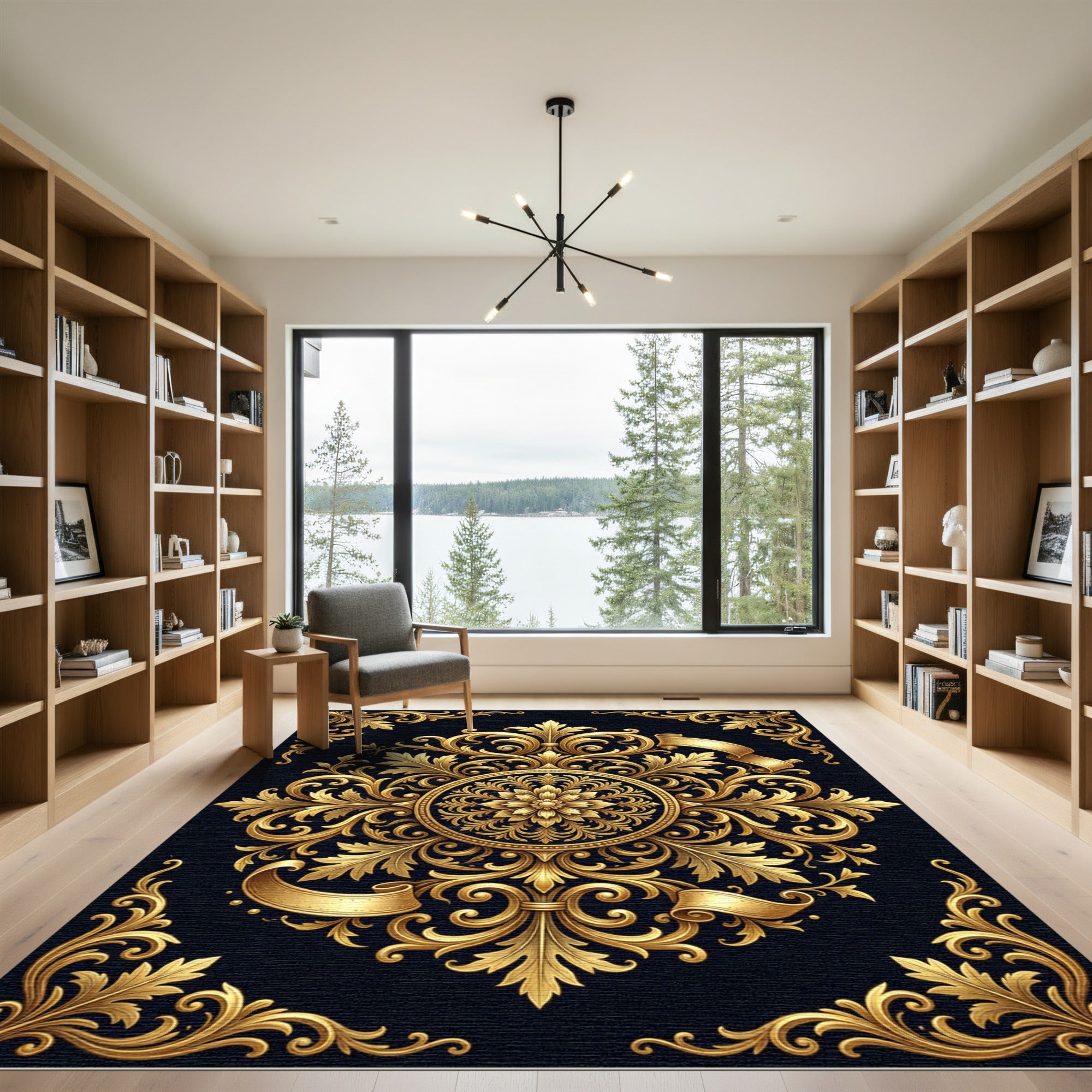 Ornate Gold Baroque Floral Medallion Rug