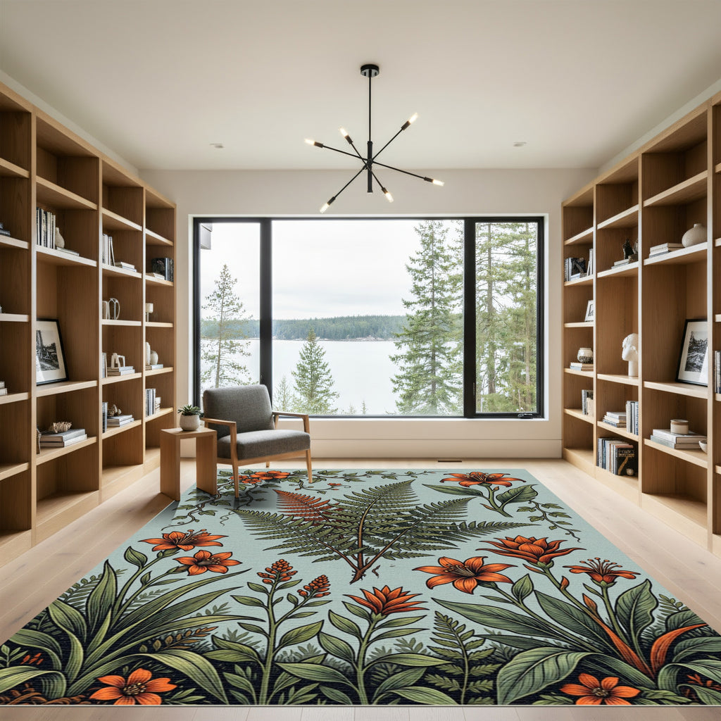 Orange Botanical Fern and Lily Meadow Rug