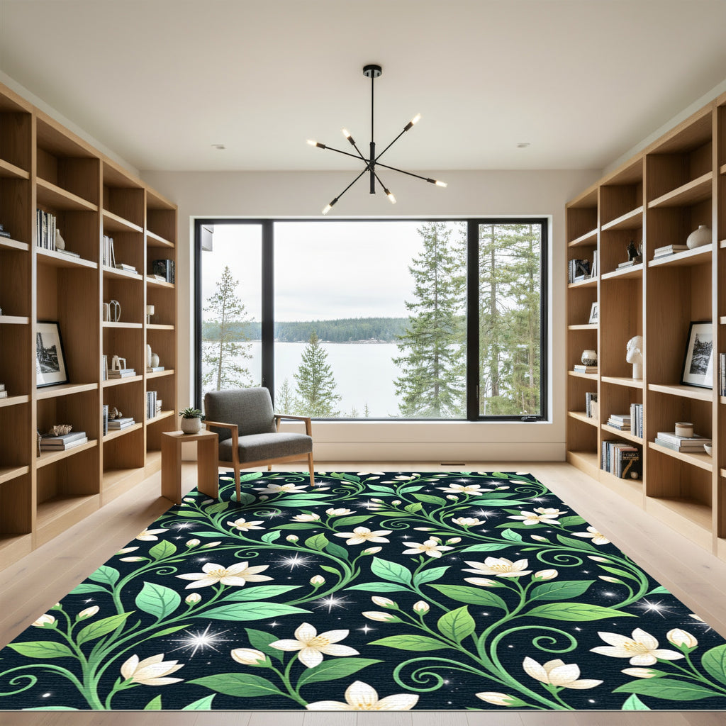 Delicate White Floral Vine Swirls Rug