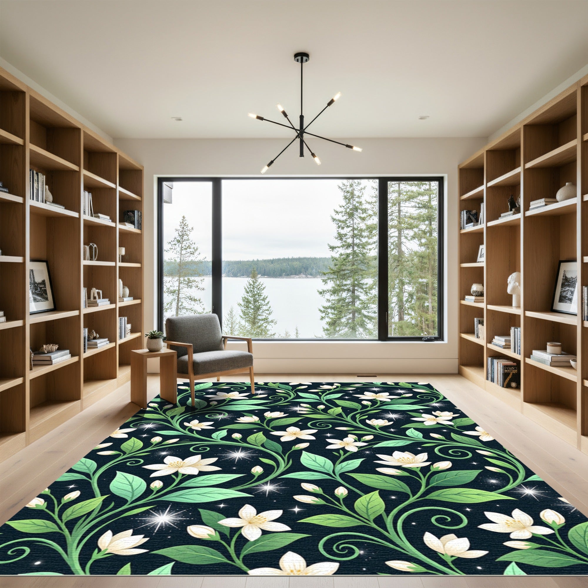 Delicate White Floral Vine Swirls Rug