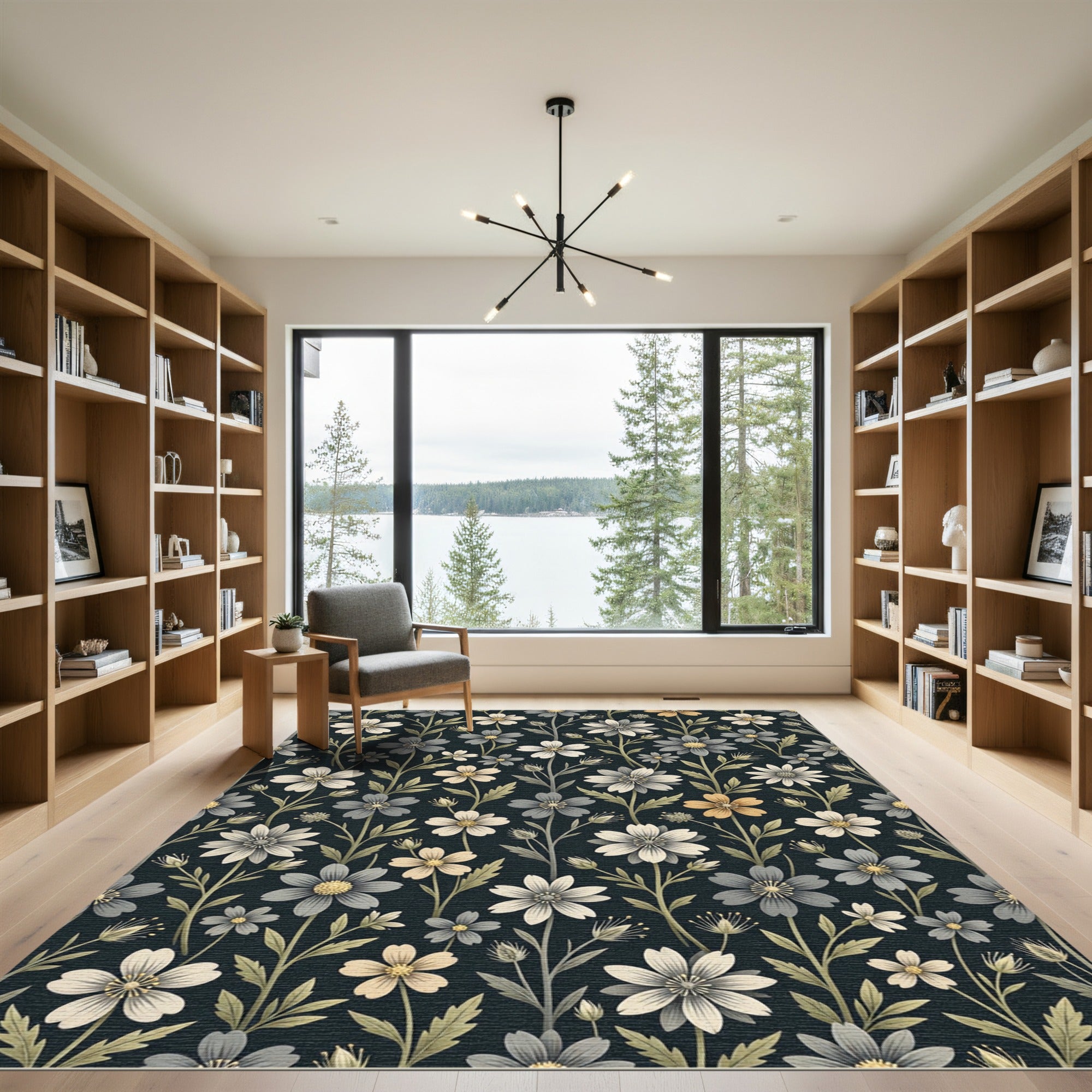 Dark Floral Botanical Garden Motif Rug