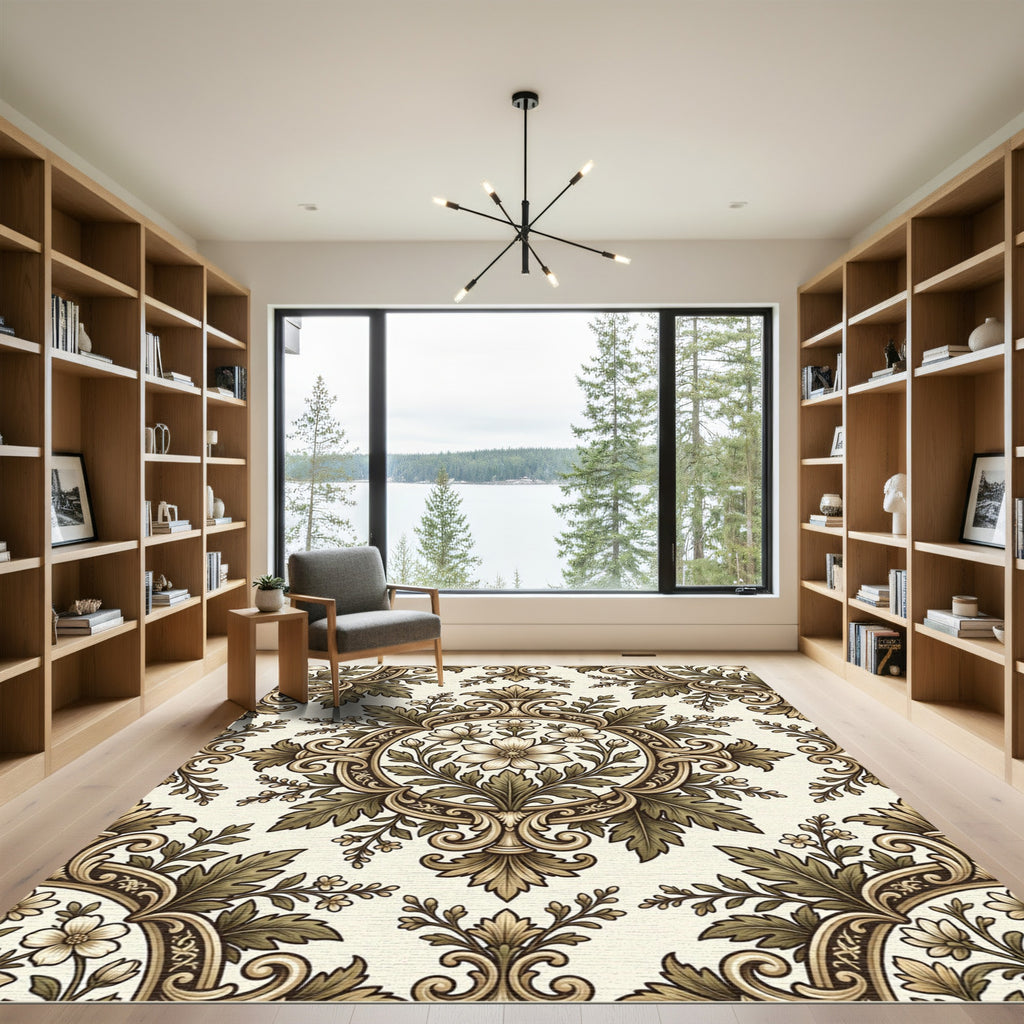 Antique Beige Floral Damask Medallion Rug