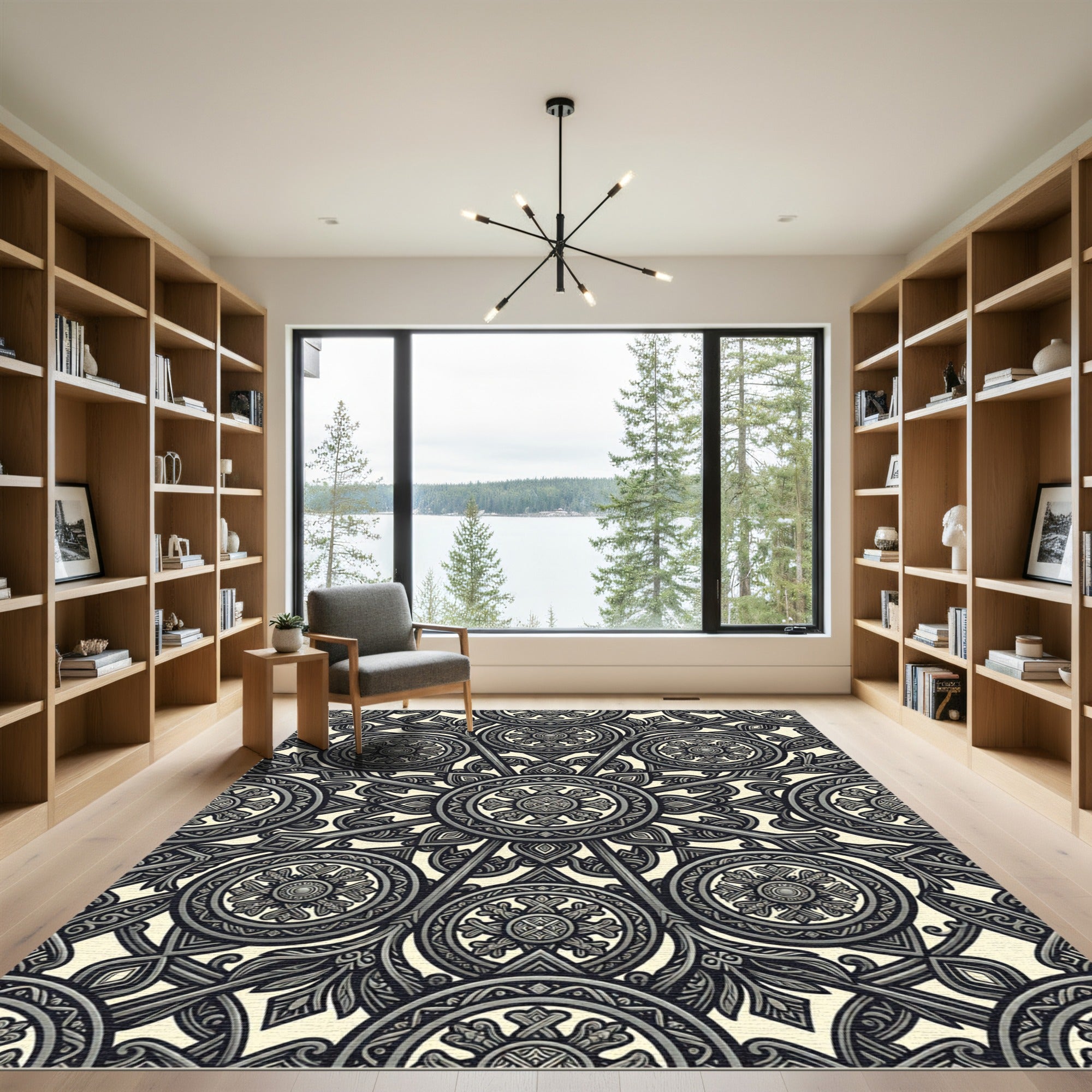 Intricate Silver Medallion Mandala Pattern Rug