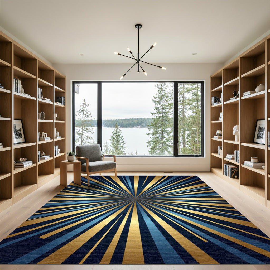 Radiant Golden Blue Sunburst Art Rug