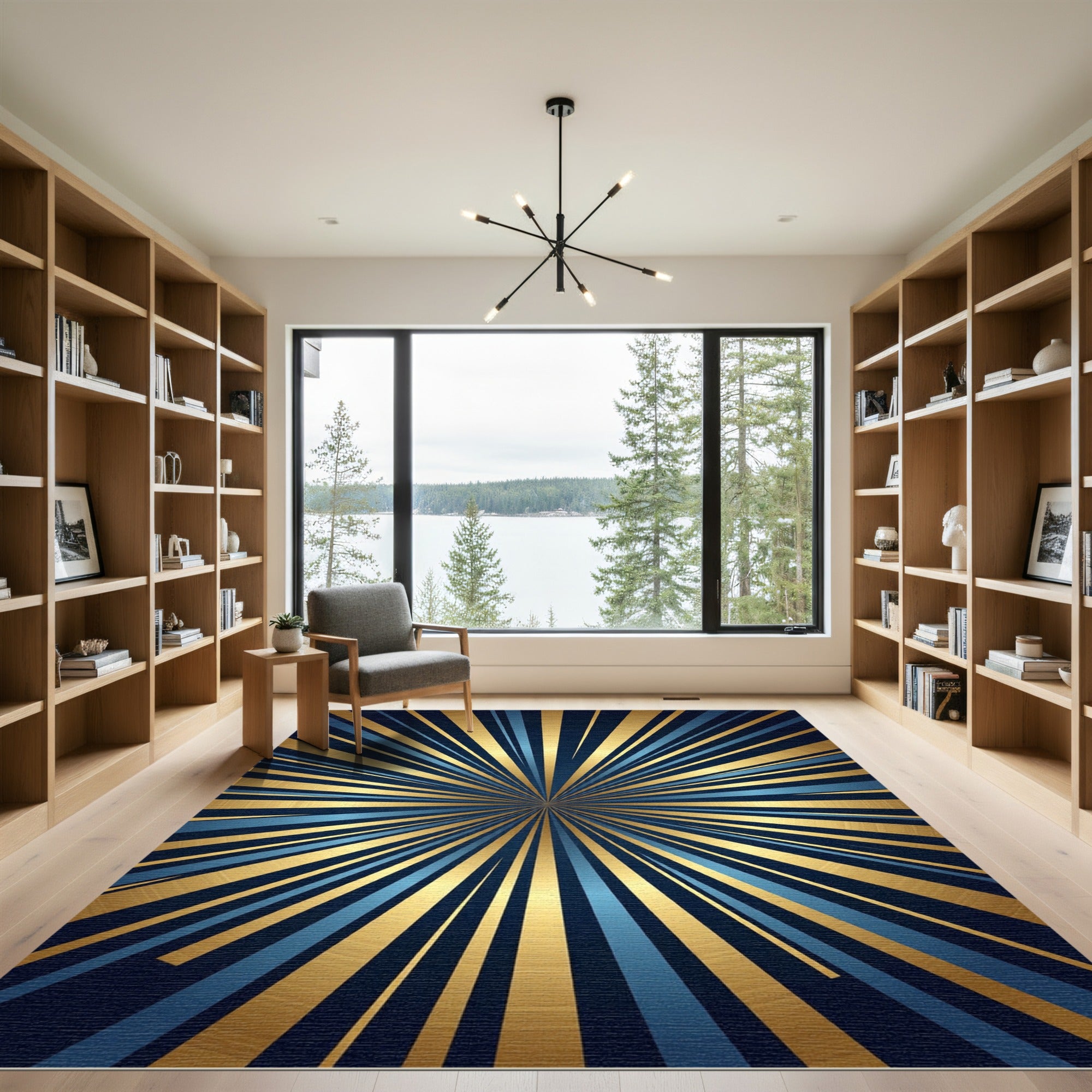 Radiant Golden Blue Sunburst Art Rug