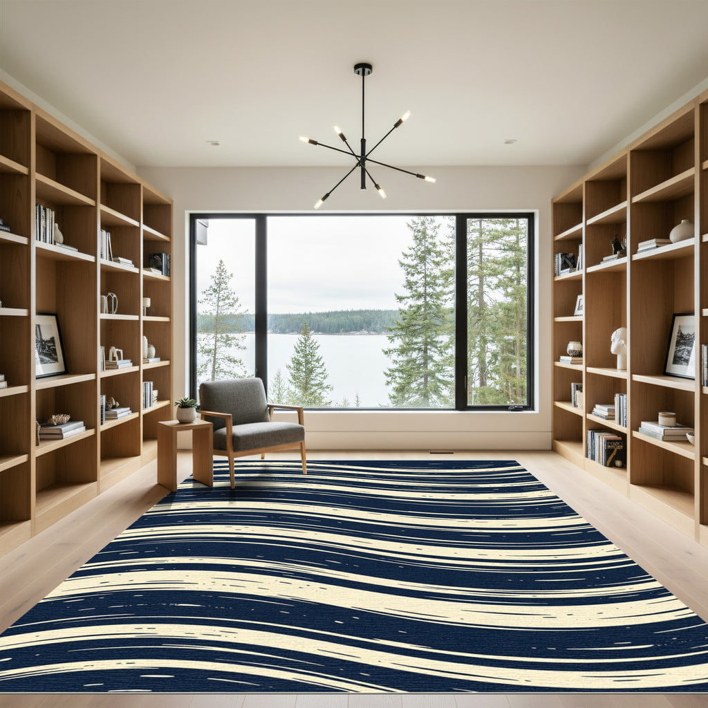 Navy Cream Organic Wavy Lines Rug