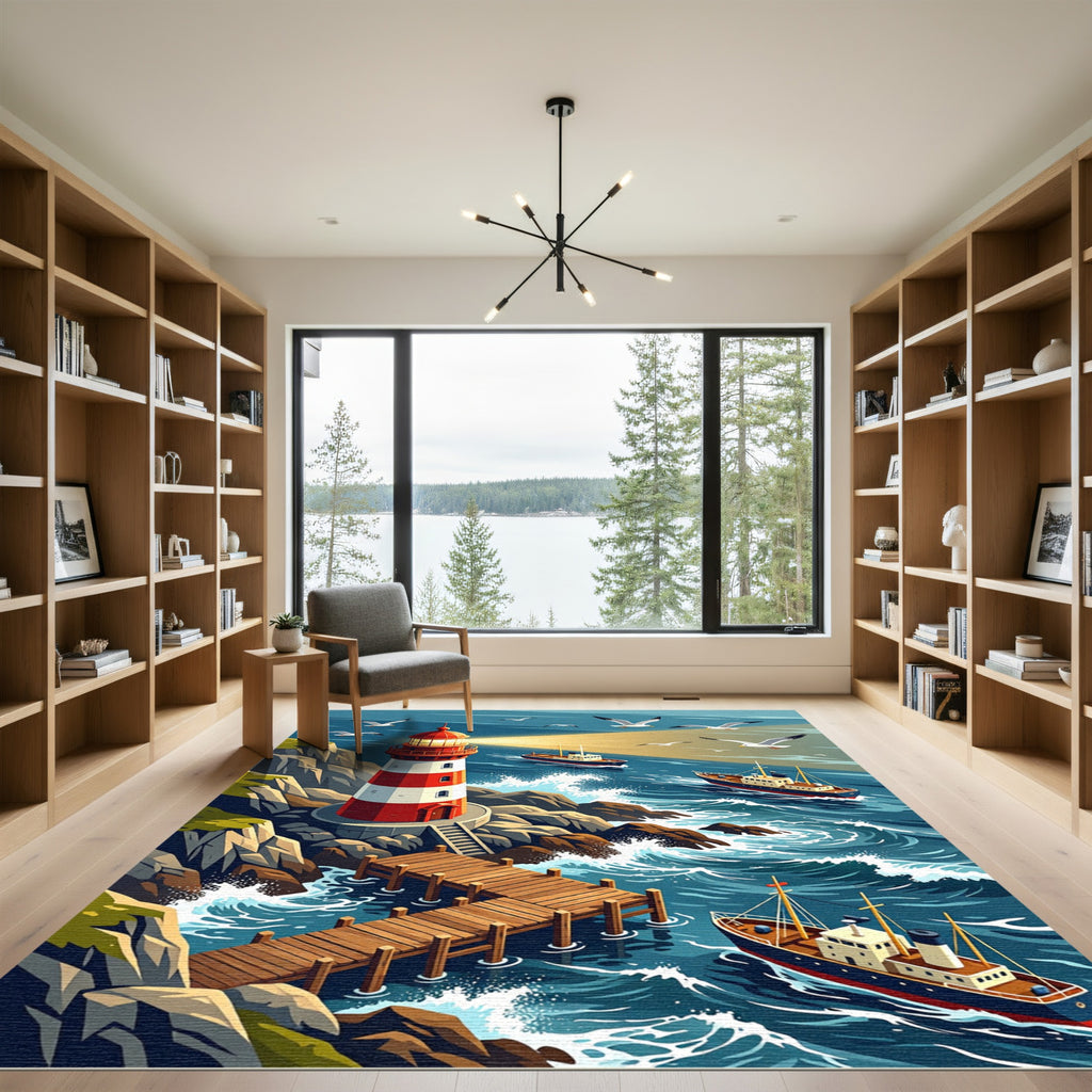 Maritime Lighthouse Coastal Navy Landscape Rug