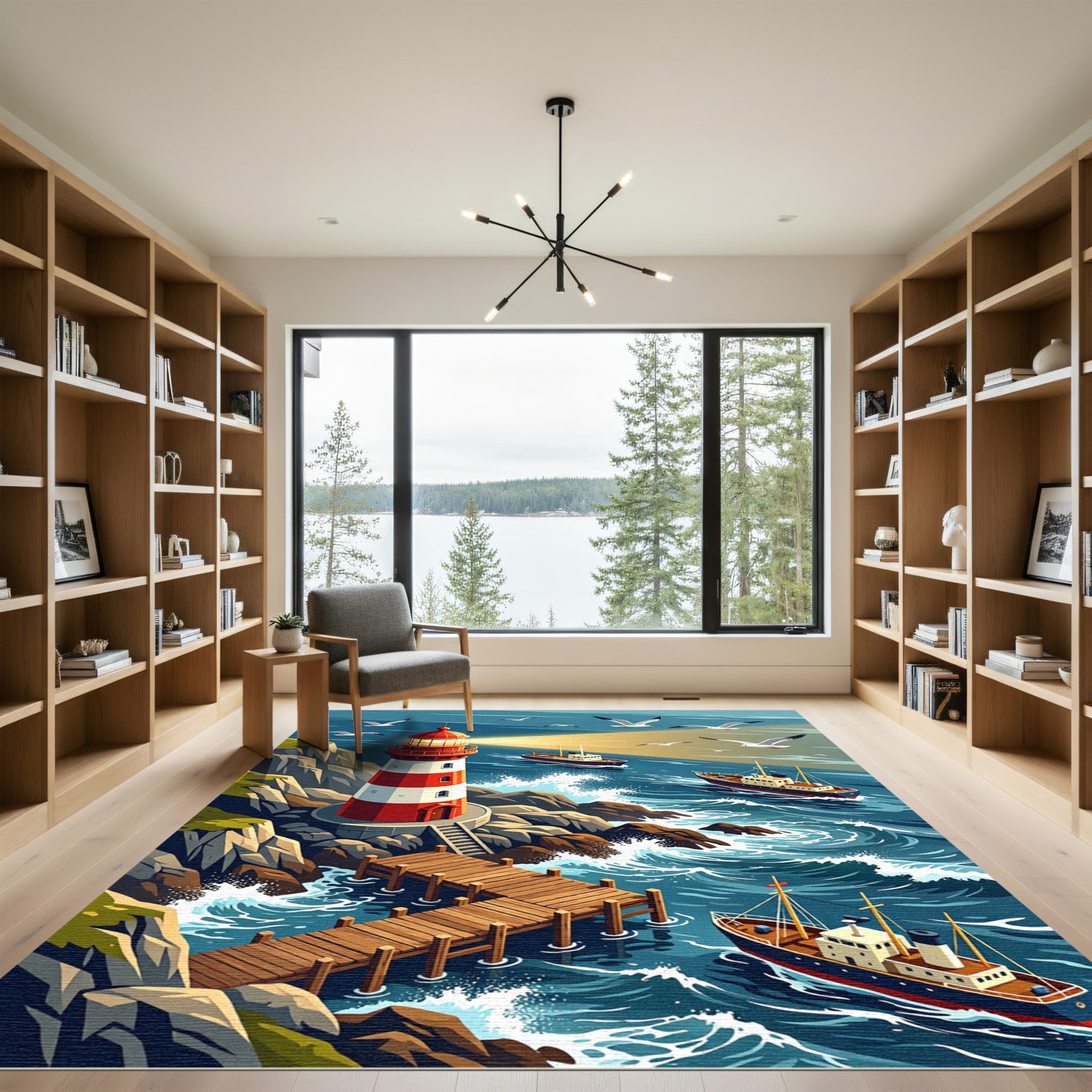 Maritime Lighthouse Coastal Navy Landscape Rug