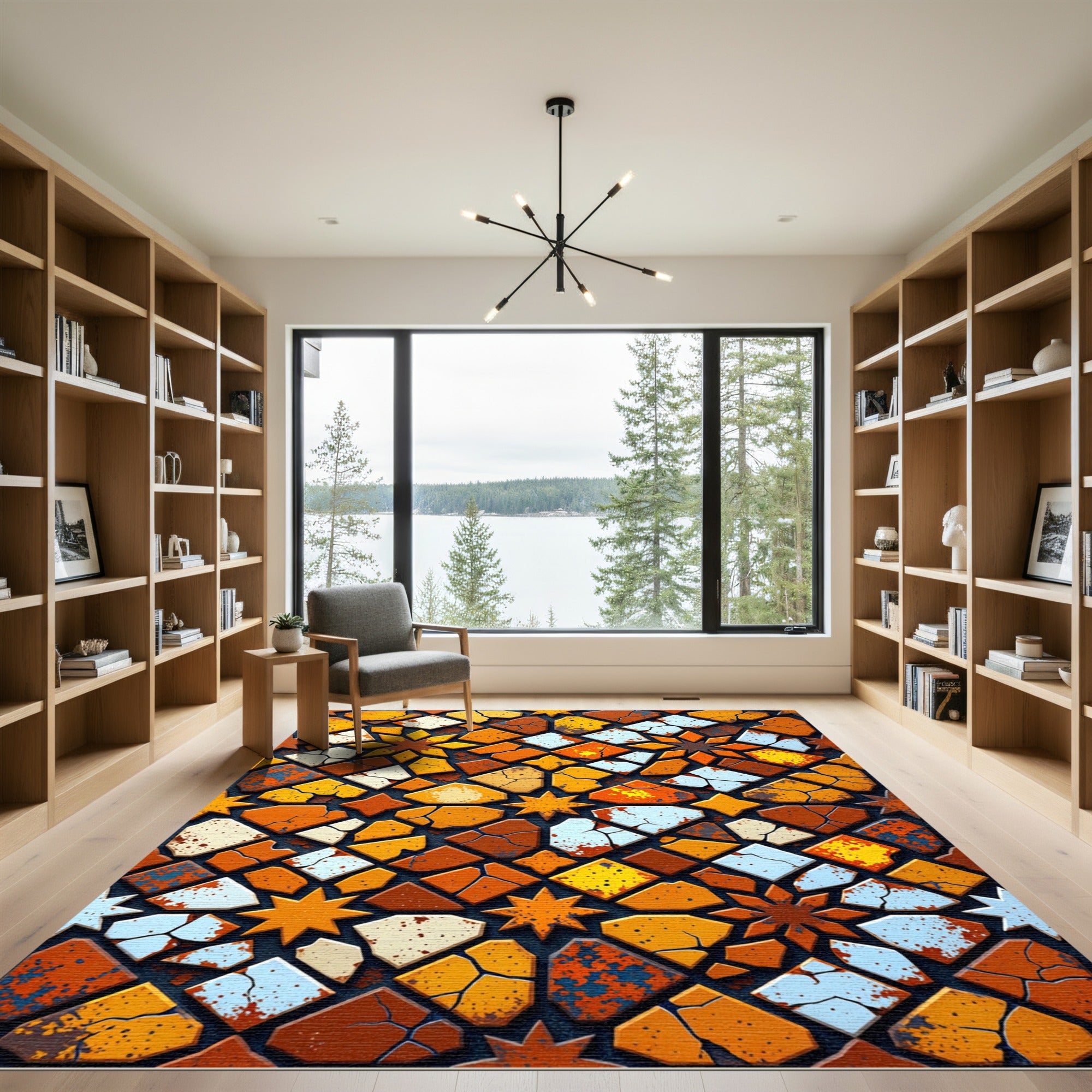 Rustic Orange Cracked Geometric Tiling Rug